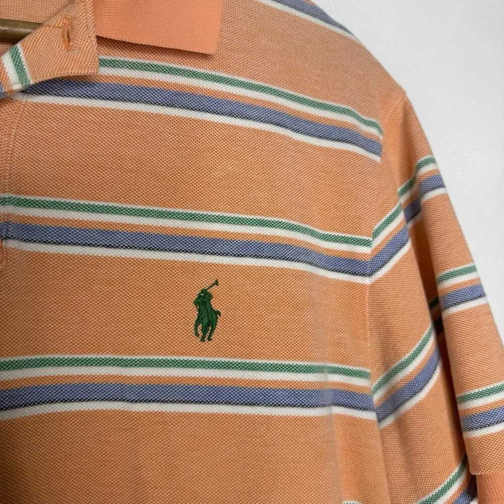 Polo Ralph Lauren Orange Striped Polo Shirt XL Custom Fit Preppy Casual